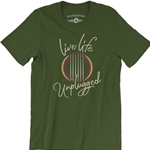 CLEARANCE - Medium Olive Live Life Unplugged Guitar T-Shirt - Lightweight Vintage Style