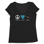 CLEARANCE - XL Black Peace Love Vinyl Ladies V-Neck T Shirt