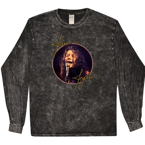 Janis Joplin Singing Long Sleeve T-Shirt - Black Mineral Wash