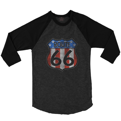 Patriotic Route 66 Baseball T-Shirt - raglanblackblacksleeve