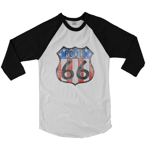 Patriotic Route 66 Baseball T-Shirt - raglanwhiteblacksleeve