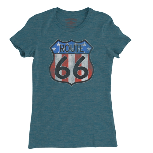 Patriotic Route 66 Ladies T Shirt - Relaxed Fit - ladiesheatherdeepteal
