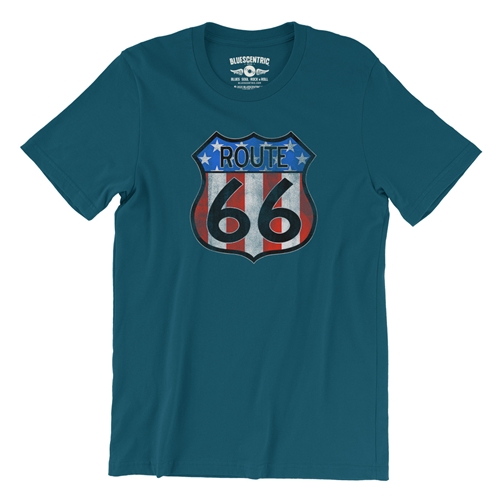 Patriotic Route 66 T-Shirt - Lightweight Vintage Style - vintagedeepteal