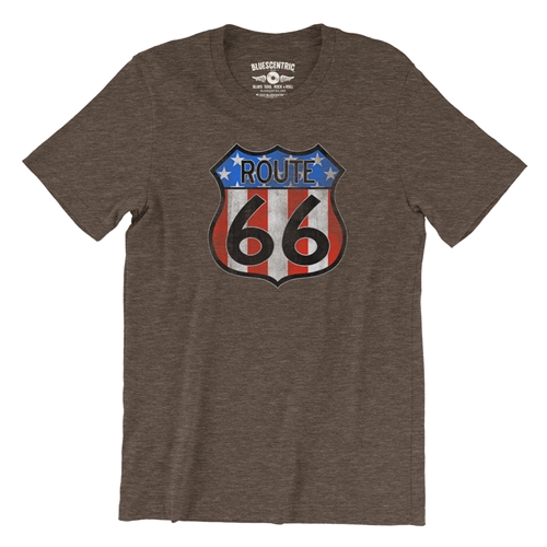 Patriotic Route 66 T-Shirt - Lightweight Vintage Style - vintageheatherbrown