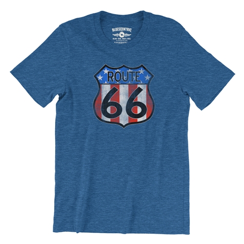 Patriotic Route 66 T-Shirt - Lightweight Vintage Style - vintageheatherroyalblue