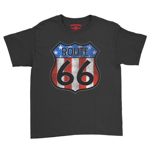 Patriotic Route 66 Youth T-Shirt - Lightweight Vintage Children - youthblack