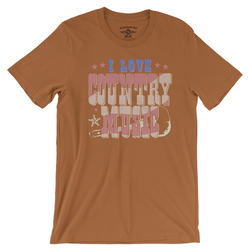 I Love Country Music T-Shirt - Lightweight Vintage Style - vintageburntorange