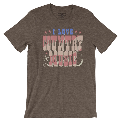 I Love Country Music T-Shirt - Lightweight Vintage Style - vintageheatherbrown