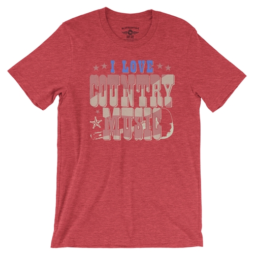 I Love Country Music T-Shirt - Lightweight Vintage Style - vintageheatherred