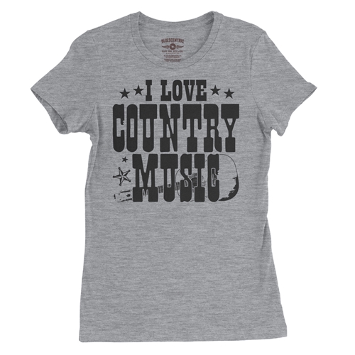 B&W I Love Country Music Ladies T Shirt - Relaxed Fit - ladiesathleticheather
