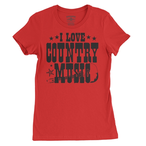 B&W I Love Country Music Ladies T Shirt - Relaxed Fit - ladiesred