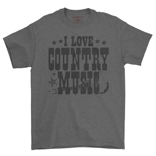 B&W I Love Country Music T-Shirt - Classic Heavy Cotton - classicheathergrey