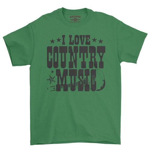 B&W I Love Country Music T-Shirt - Classic Heavy Cotton - classickellygreen