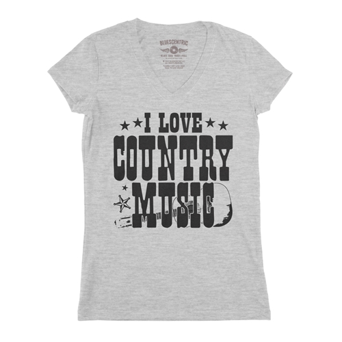 B&W I Love Country Music V-Neck T Shirt - Women
