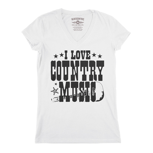 B&W I Love Country Music V-Neck T Shirt - Women