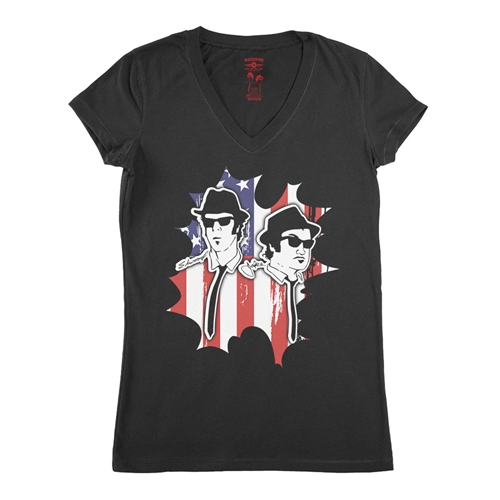 Patriotic Blues Brothers V-Neck T Shirt - Women