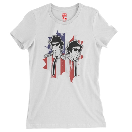 Patriotic Blues Brothers Ladies T Shirt - Relaxed Fit - ladieswhite