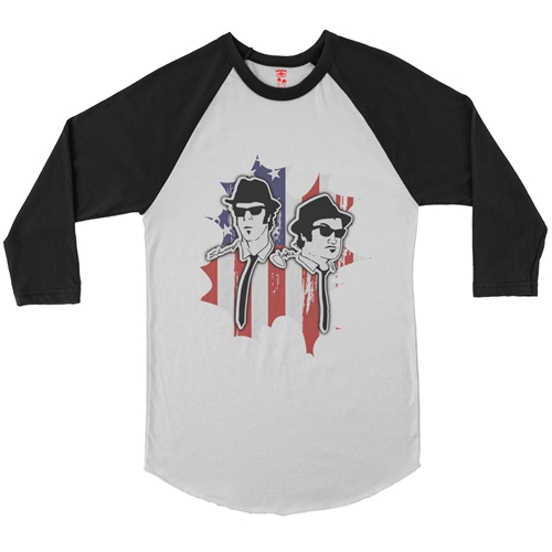 Patriotic Blues Brothers Baseball T-Shirt - raglanwhiteblacksleeve
