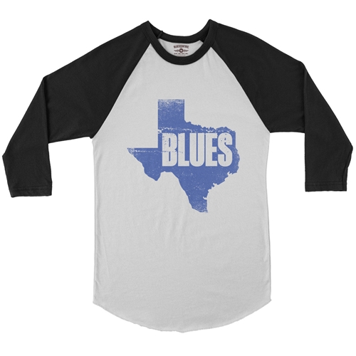 Texas Blues Baseball T-Shirt - raglanwhiteblacksleeve