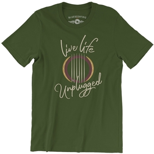CLEARANCE - Medium Olive Live Life Unplugged Guitar T-Shirt - Lightweight Vintage Style