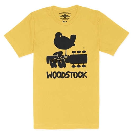 CLEARANCE - Med Butter Yellow Woodstock Black Bird & Guitar Logo T-Shirt - Lightweight Vintage Style