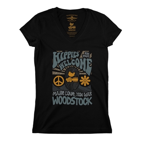 CLEARANCE - XL Black Hippies Welcome Love Woodstock V-Neck T Shirt - Women