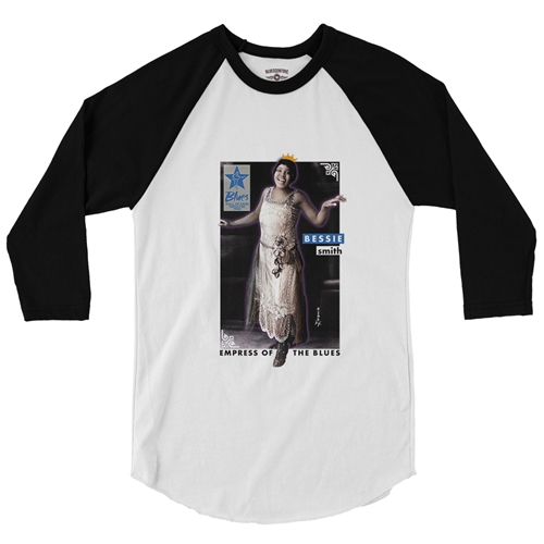 Ltd. Ed. Blues Hall of Fame Bessie Smith Baseball T-Shirt - raglanwhiteblacksleeve