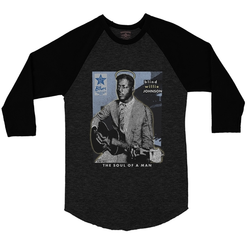 Ltd. Ed. Blue Hall of Fame Blind Willie Johnson Baseball T-Shirt - raglanblackblacksleeve