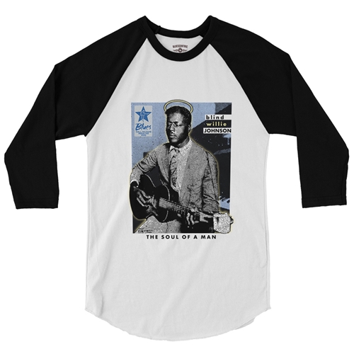Ltd. Ed. Blue Hall of Fame Blind Willie Johnson Baseball T-Shirt - raglanwhiteblacksleeve