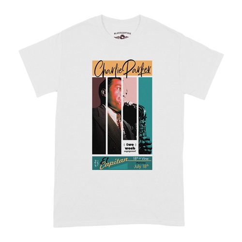 CLEARANCE - 2XL White Graphic Charlie Parker 18th & Vine T-Shirt - Classic Heavy Cotton