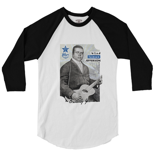 Ltd. Ed. Blues Hall of Fame Blind Lemon Jefferson Baseball T-Shirt - raglanwhiteblacksleeve