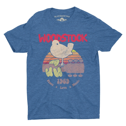 Bird & Guitar Woodstock T-Shirt - Lightweight Vintage Style - heatherbbblue