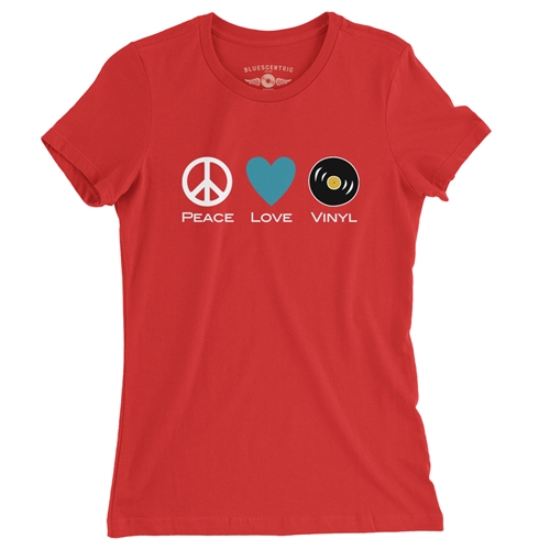 Peace Love Vinyl Ladies T Shirt  - ladiesred