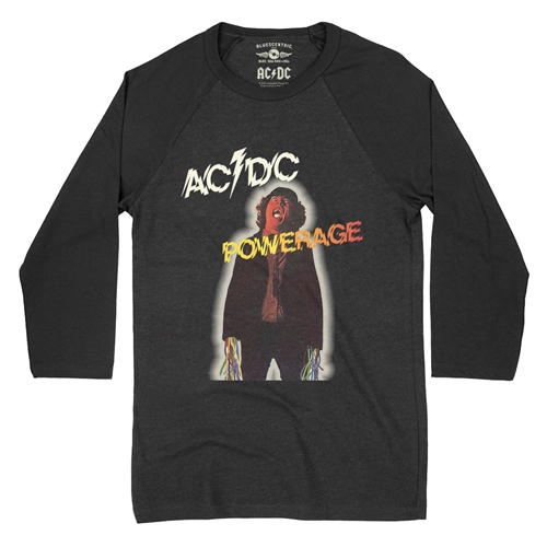 AC/DC Powerage Album Cover Baseball T-Shirt - raglanblackblacksleeve