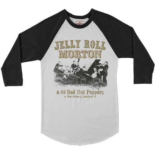 Jelly Roll Morton & his Red Hot Peppers Baseball T-Shirt - raglanwhiteblacksleeve