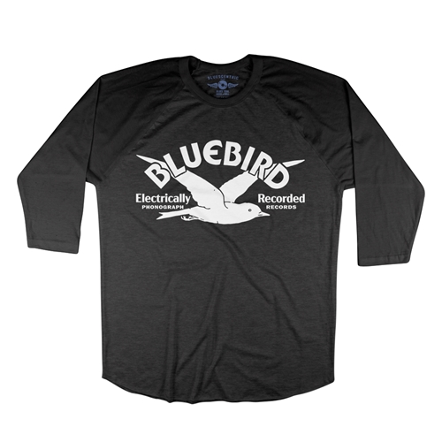 Bluebird Records Logo Baseball T-Shirt - raglanblackblacksleeve