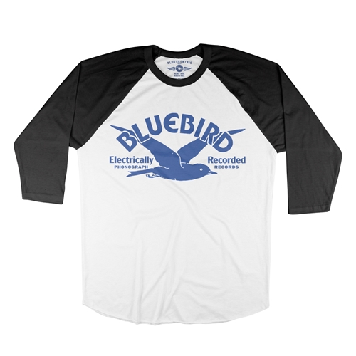Bluebird Records Logo Baseball T-Shirt - raglanwhiteblacksleeve