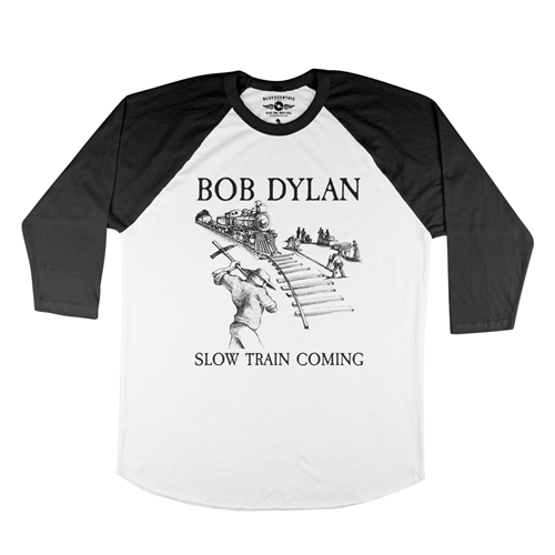 Bob Dylan Slow Train Coming Album Baseball T-Shirt - raglanwhiteblacksleeve