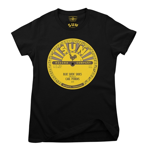 Sun Records Carl Perkins Blue Suede Shoes Ladies T Shirt - Relaxed Fit - ladiesblack
