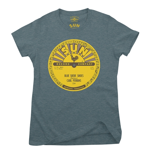 Sun Records Carl Perkins Blue Suede Shoes Ladies T Shirt - Relaxed Fit - ladiesheatherdeepteal