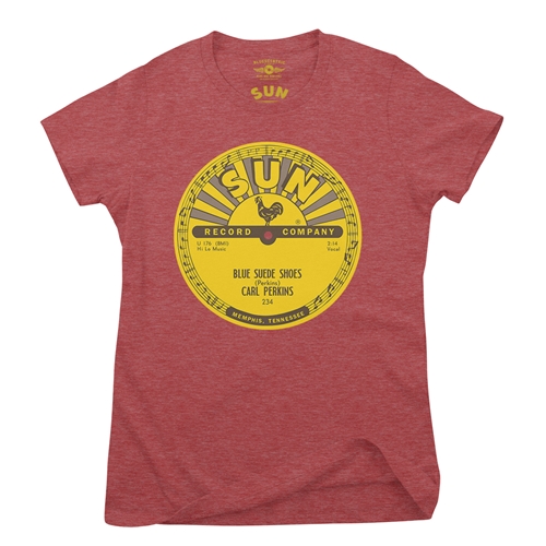 Sun Records Carl Perkins Blue Suede Shoes Ladies T Shirt - Relaxed Fit - ladiesheatherred