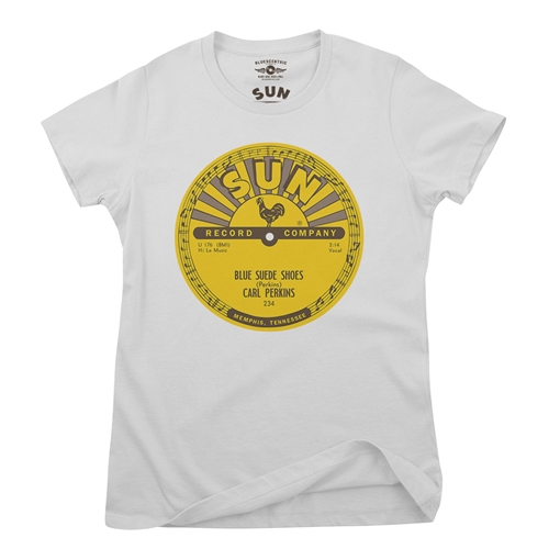 Sun Records Carl Perkins Blue Suede Shoes Ladies T Shirt - Relaxed Fit - ladieswhite