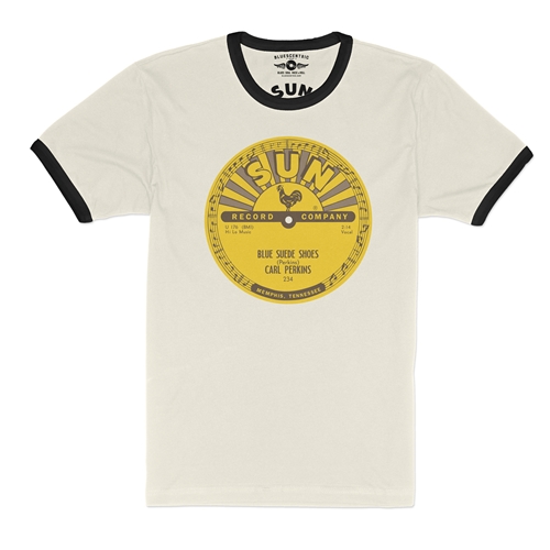 Sun Records Carl Perkins Blue Suede Shoes Shirt Ringer T-Shirt - ringernaturalblacktrim