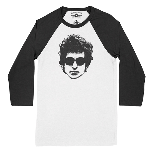 Bob Dylan Headshot Baseball T-Shirt - raglanwhiteblacksleeve