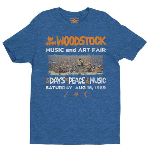 Woodstock Ticket & Symbol Shirt T-Shirt - Lightweight Vintage Style - vintageheatherroyalblue