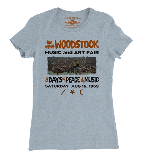 Woodstock Ticket & Symbol Shirt Ladies T Shirt - Relaxed Fit - ladiesheatherprismblue