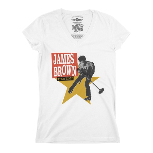 James Brown Star Time V-Neck T Shirt - ladieswhite