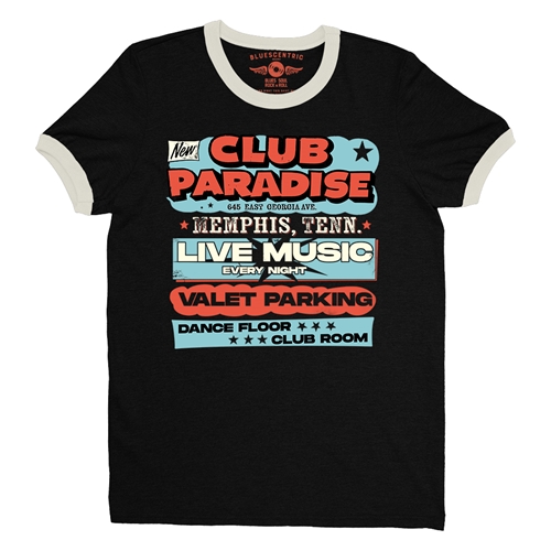 Baby Blue Club Paradise Memphis Ringer T-Shirt - ringerblackcreamtrim