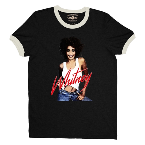 Whitney Houston in Jeans Ringer T-Shirt - ringerblackcreamtrim