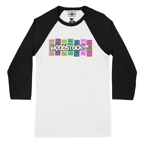 Woodstock Rainbow Concert Ticket Baseball T-Shirt - raglanwhiteblacksleeve